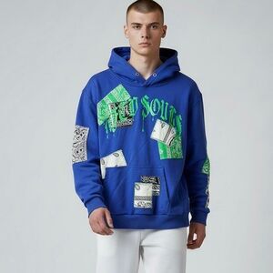 GFTD Los Angeles S Blue Hoodie Green Patches Retro Streetwear Preppy Edgy Luxury